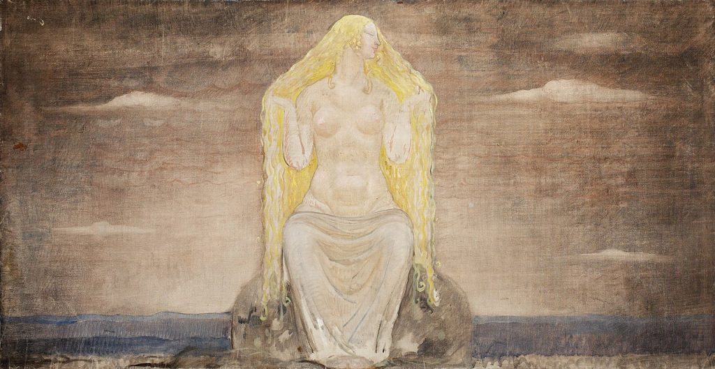 A painting of Freja by John Bauer. Freja sits on a rock naked with a sheet covering her bottom half. Her golden hair flows around her.