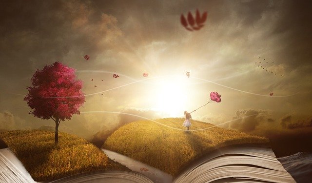 A girl wonders through a grassy field holding a bundle of balloons. The field is actually an artistic rendering of an open book.