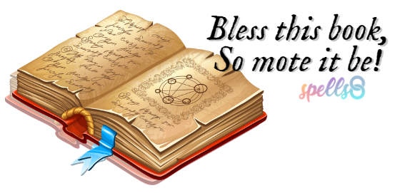 A digital drawing of a grimoire laying open. Words on the image read, "Bless this book, so mote it be!"