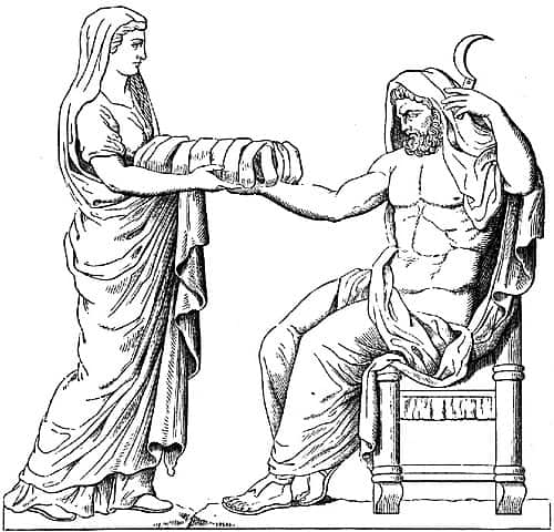 Rhea presenting a swaddled stone to Cronus