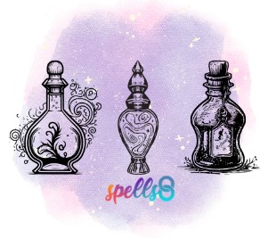 Three black spell jars sit in front of a purple water color background.